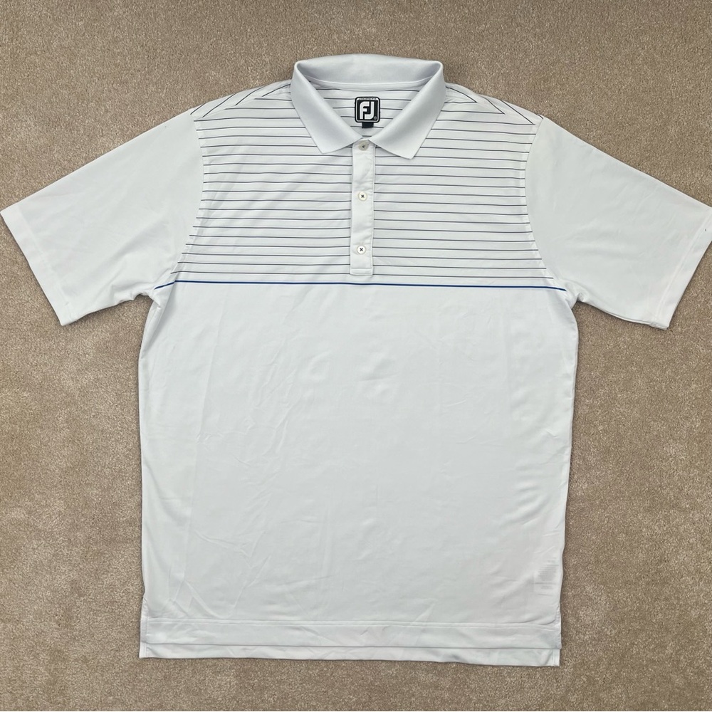 FootJoy Shirt XXL White Polo Golf Black And Blue Stripe Athletic Fit Preppy Men